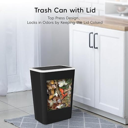 Small Trash Can, 3 Pack 4 Gallons Bathroom Garbage Can with Lid Press-Top, Small Waste Basket with Trash Bags, Slim Plastic Garbage Bin for Dorm, Office, Bedroom, Kitchen, Living Room （ Black ）