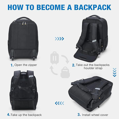 Rolling Backpack, 15.6 inch Laptop Backpack with Wheels, Flight Approved Water Resistant Underseat Carry on Lugagge Wheeled Bag for Men Women Adults, Black