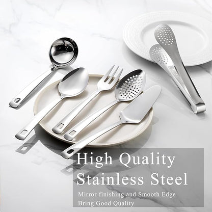 6 PCS Stainless Steel Serving Utensils, 10 Inch Serving Spoons for Buffet Large Hosting Metal Spoons, Silverware Set Tongs for Serving Food Parties Catering