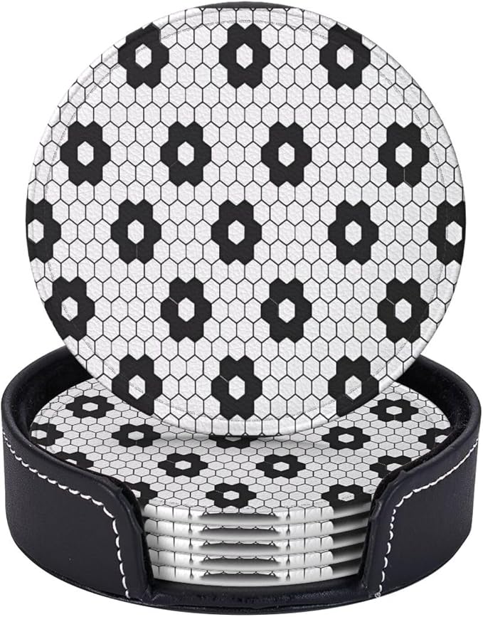6 Pcs Black White Flower Hex Tile Print Floor Leather Coasters