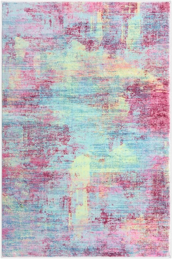IOHOUZE Small Abstract Area Rug 2x3 Ft Entryway Rugs Washable Door Mat Indoor Entrance, Rubber Backed Throw Rugs, Printed Faux Wool Non Slip Floor Carpet for Foyer Front Door Sink, Pink Teal