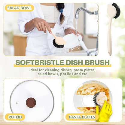 16 Pack Dish Brush with Handle Dish Scrubber Brush with Built-in Scraper Kitchen Scrub with Stiff Bristles Long Scrubber for Home Restaurant Pot Sink Washing Cleaning Supplies, Beige