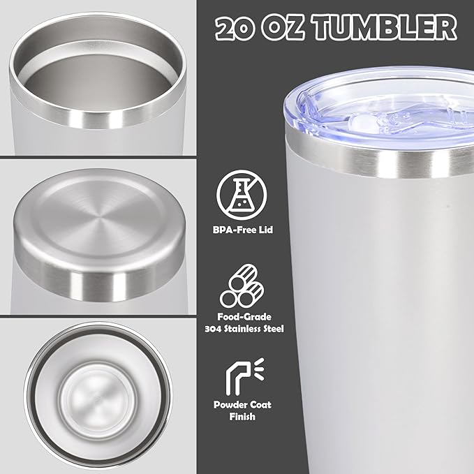 20oz Tumbler Stainless Steel Tumbler Cup with Lid Vacuum Insulated Double Wall Travel Mug, Durable Powder Coated Travel Coffee Tumbler Mug for Hot & Cold Drinks, White,4 Pack