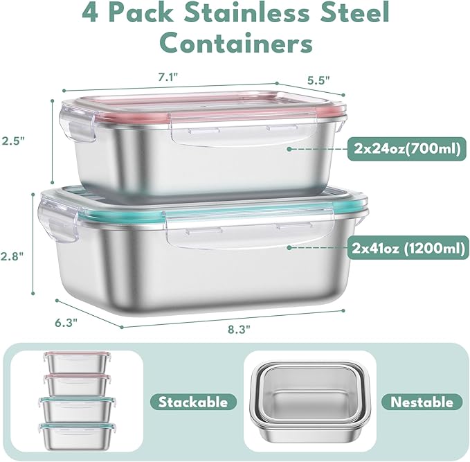 8 PCS Food Storage Containers with Lids Airtight, Stainless Steel Containers Set for Kitchen Storage, Meal Prep, Lunch Containers, Microwave/Dishwasher Safe (41oz & 24oz)