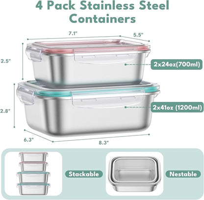 8 PCS Food Storage Containers with Lids Airtight, Stainless Steel Containers Set for Kitchen Storage, Meal Prep, Lunch Containers, Microwave/Dishwasher Safe (41oz & 24oz)