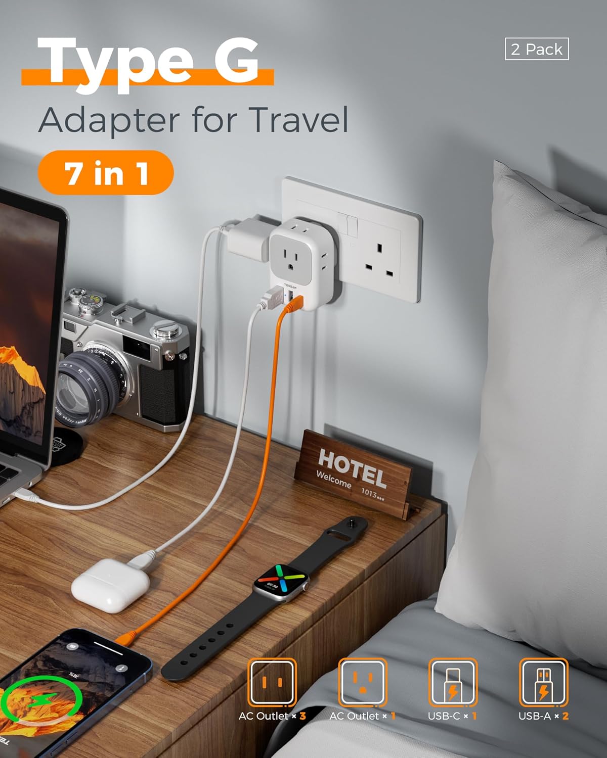 UK Adapters for Travel 2 Pack, TESSAN Type G US to UK Plug Adapter with 4 Outlets 3 USB Charger(1 USB C Port), Power Adaptor for USA to Ireland Scotland Dubai Hong Kong England British Kenya London