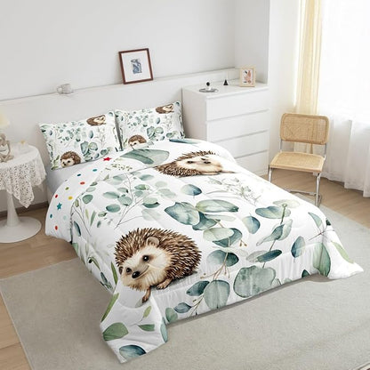 Erosebridal Cute Hedgehog Twin Comforter Set for Kids Child Green Eucalyptus Bedding Set Twin, Woodland Animal Bedding Comforter Sets Plant Leaves Duvet Set, Cartoon Wildlife Quilted Comforter