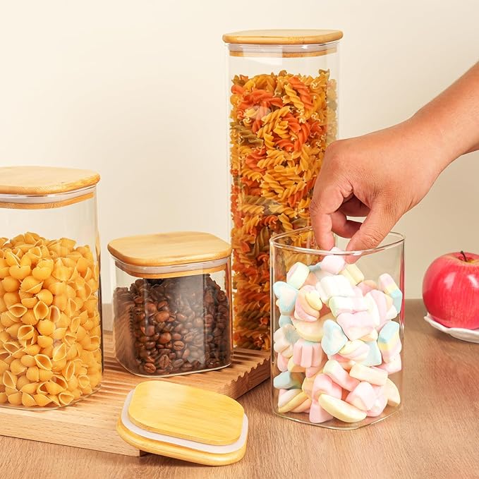 82 Oz Glass Storage Containers with Bamboo Lids, Square Glass Canister Sets Clear Glass Pantry Storage Containers with Lids for Cookie Flour Oat Pasta Tea Coffee Bean, Set of 3