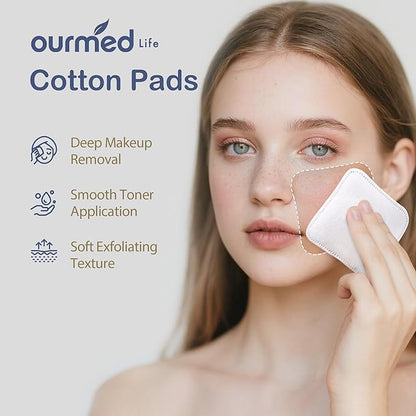 Ourmed Life Large Cotton Pads for Makeup Removal, Soft & Lint-Free Face Pads with Pressed Seam Design, Durable Makeup Remover Pads for Facial Cleansing on All Skin Types, 3x3 Inch, 120 Count