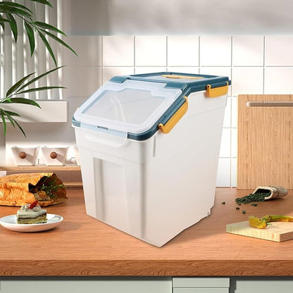 YXQ 50LB Large Flour Storage Container Bin,2 Pack Airtight Plastic with Wheels Seal Locking Lid Dispenser Organizer Bin with Measuring Cup & Scoop for Flour, Rice, Grain 100LBS Total Capacity(Blue)