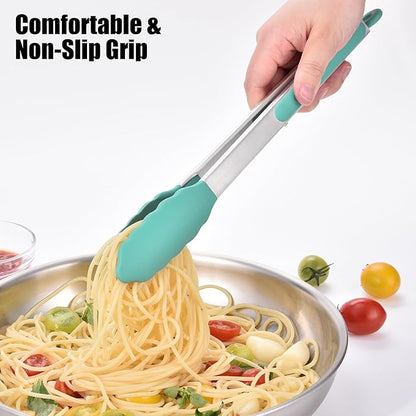 Doosu Kitchen Tongs for Cooking - 600°F Heat Resistant Food Tong with Non-Scratch Silicone Tips, Heavy Duty Stainless Steel Locking Tong for BBQ, Grilling Steak, Serving Salad, Pasta (12in, Aqua Sky)