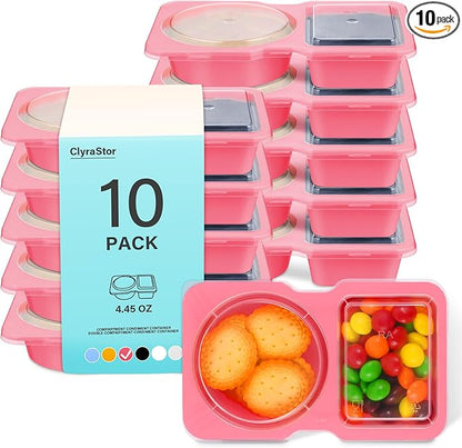 Double Compartment Snack Containers with Lids, 2 Compartment Condiment Container, Plastic Disposable Snack Pack Containers for Sauce, Salad, Food Storage Box(10PCS-Pink)