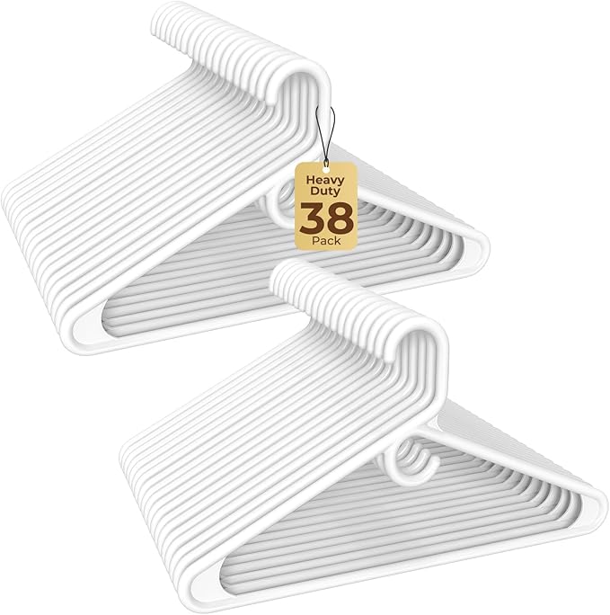 HOUSE DAY Quality Plastic Clothes Hangers 38 Pack – Super Heavy Duty 20lb Capacity Thick Strong Closet Hangers White for Adult Clothing – Durable for Coats, Jackets, Jeans, Pants