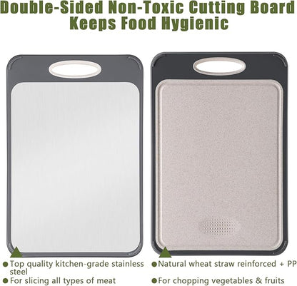GUANCI Cutting Board for Kitchen 2-in-1, Stainless Steel & Wheat Straw PP Double-Sided Chopping Board,non toxic Chopping, Easy to Clean, Ideal for Meat, Vegetables and Fruits