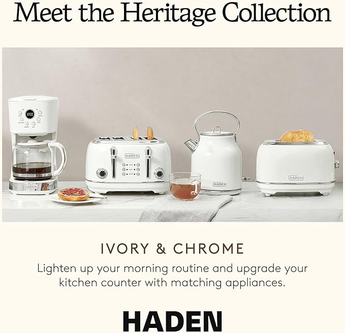Haden Heritage 1.7 Liter Stainless Steel Electric Kettle, Hot Water Kettle with 360-Degree Base and Auto Shutoff, Ivory & Chrome