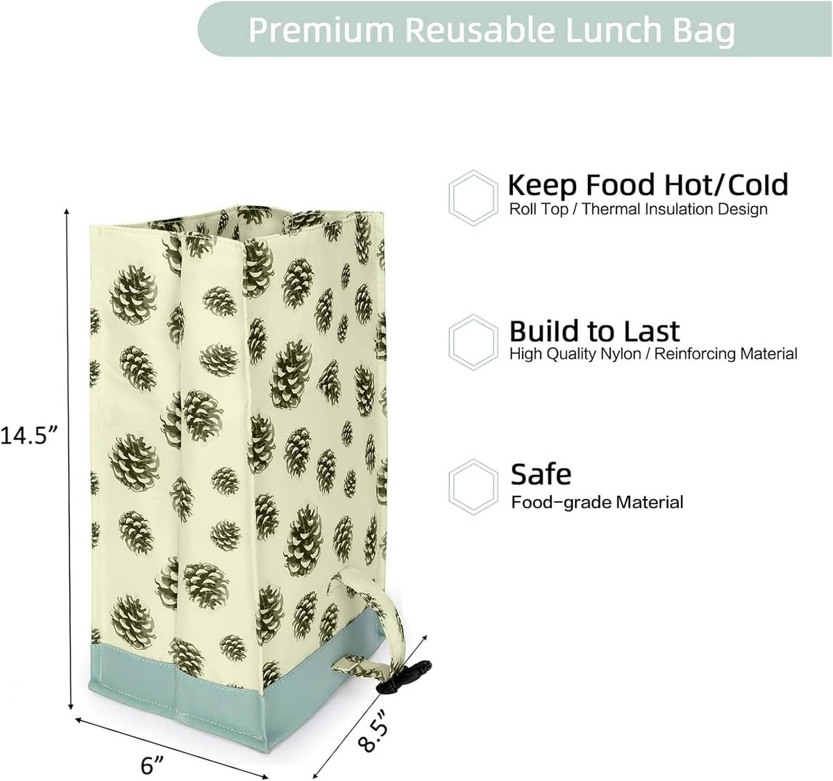 SUNNY BIRD Insulated Lunch Bag Rolltop Lunch Cooler Cute Lunch Box for Girls, Teens and Kids (Pinecone)