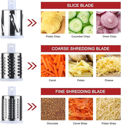 3rd Generation Rotary Cheese Grater, Mandoline Vegetable Slicer with 3 Replacement Blades, Easy to Clean Rotary Shredder for Fruit, Vegetables, Red