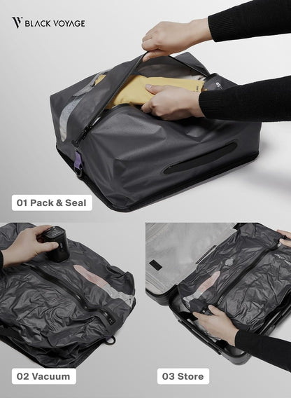 Black Voyage Reusable Vacuum Compression Travel Bag for Carry-On Suitcase and Backpack, Recycled IP67 Waterproof Space Saver Vacpack (1-Pack, 18L - Pump Included)