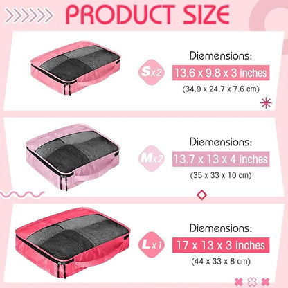5 Pcs Packing Cubes for Suitcase Large Travel Cubes Carry on Luggage Organizer Bags for Clothes Accessories(Mixed,Pink)