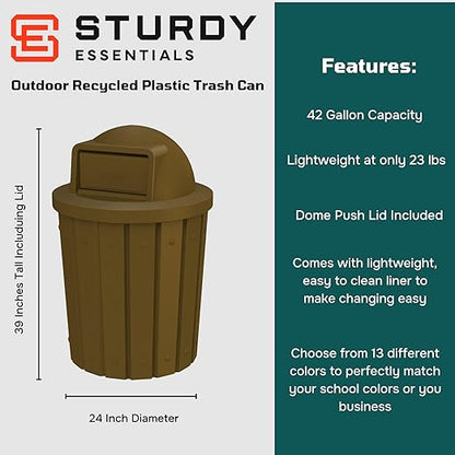 42 Gallon Slated Circle 100% Recycled Plastic Heavy Duty Outdoor Trash Can with Push Open Dome Lid and Internal Liner - Great for Schools and Businesses - Brown