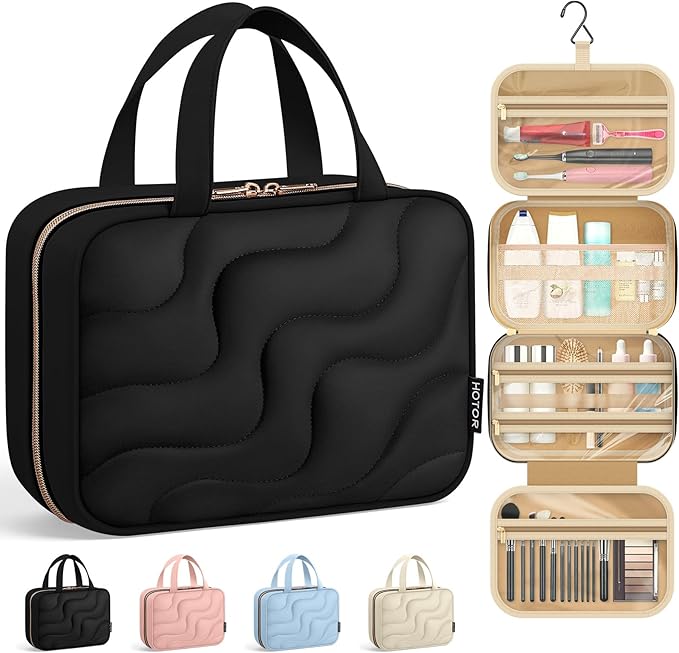 HOTOR Hanging Toiletry Bag - Spacious Travel Toiletry Bag for Women & Men, Multi-Pocket Makeup Organizer, Travel & Cruise Essentials for Business Trip, Gym, Black, 12.6" x 9.9" x 4.3"