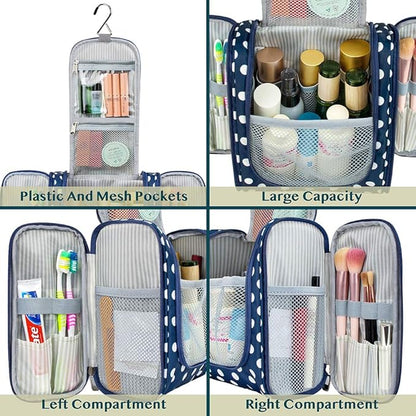 PAVILIA Toiletry Bag Travel Bag for Women Men, Hanging Cosmetic Organizer, Water Resistant Makeup Bag for Accessories Toiletries, Large Travel Essentials Kit (Navy Polka Dot)