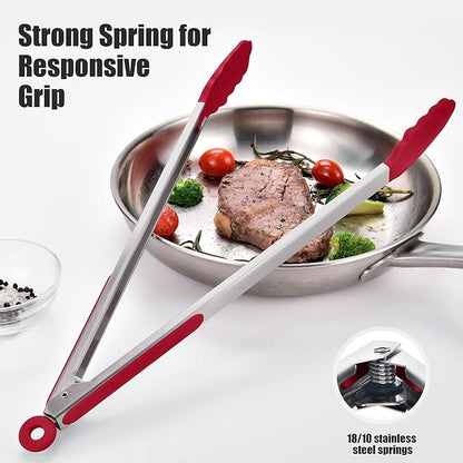 Doosu Kitchen Tongs for Cooking - 600°F Heat Resistant Food Tong with Non-Scratch Silicone Tips, Heavy Duty Stainless Steel Locking Tong for BBQ, Grilling Steak, Serving Salad, Pasta (16in, Red)