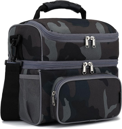 FlowFly Double Layer Cooler Insulated Lunch Bag Adult Lunch Box Large Tote Bag for Men, Women, With Adjustable Strap,Front Pocket and Dual Large Mesh Side Pockets