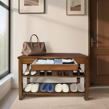 Shoe Storage Bench Wood Entryway: Shoe Rack Bench with Drawer 3-Tiers Height Adjustable,Rustic Wooden Organizer for Front Door Entrance Hallway Living Room,Mudrooms (Walnut 2-Tiers, 31.5")