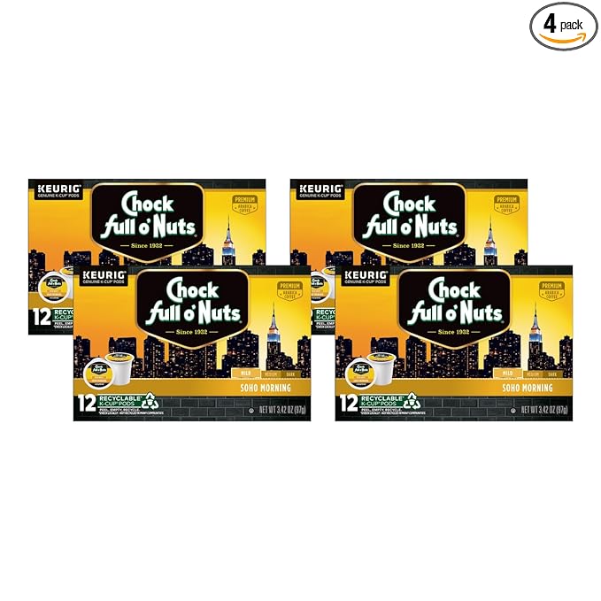 Chock Full o'Nuts Soho Morning Coffee, Mild Roast, Compatible with K-Cup Pods, 12 CT (Pack of 4)