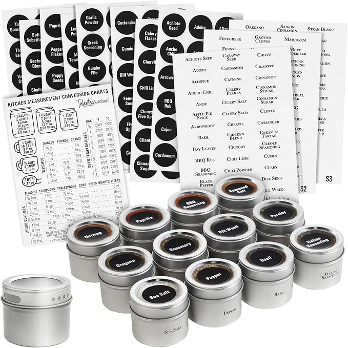 Talented Kitchen Magnetic Spice Jars for Refrigerator - 3 oz, Stainless Steel, Set of 12 - Spice Containers with Labels - Magnetic Travel Containers & Camper Must-Haves
