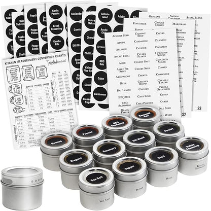 Talented Kitchen Magnetic Spice Jars for Refrigerator - 3 oz, Stainless Steel, Set of 12 - Spice Containers with Labels - Magnetic Travel Containers & Camper Must-Haves