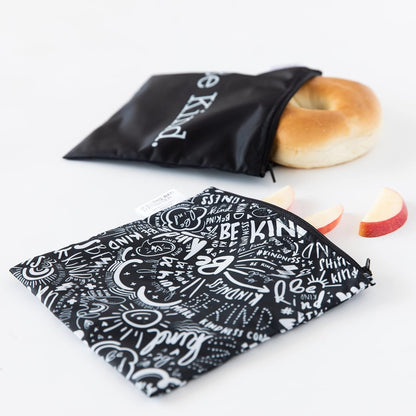 Bumkins Reusable Sandwich and Snack Bags, for Kids School Lunch and for Adults Portion, Washable Fabric, Waterproof Cloth Zip Bag, Travel Pouch, Food-Safe Storage, Large 2-pk Born This Way Be Kind