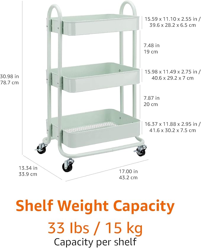 Amazon Basics 3-Tier Metal Rolling Utility or Kitchen Cart - Mint Green