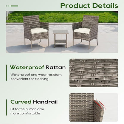 FDW | 3-Piece Patio Furniture Set | Gray & Khaki | Outdoor Wicker Furniture