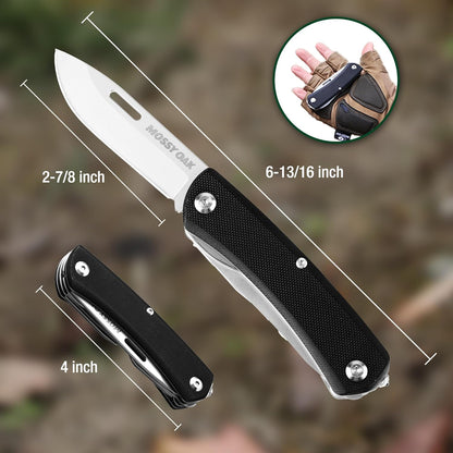 MOSSY OAK Multitool Pocket Knife, 10-in-1 Folding Pocket Knife Multitool with Stainless Steel Blade, Saw, Can Opener, Screwdrivers – EDC Tool for Camping, Hiking, Survival, Father Day Gifts