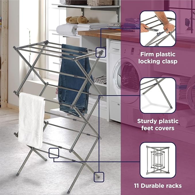 BLACK+DECKER 3 Tier Expandable Collapsing Foldable Laundry Rack for Air Drying Clothing, Space Saving Heavy Duty Lightweight Metal Drying Rack(Silver)