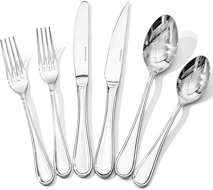 KINGSTONE 48 Piece Teardrop Silverware Set with Steak Knives, 18/10 Stainless Steel Flatware Set for 8, Modern Design Cutlery Set for Home/Hotel/Wedding,Mirror Polished and Dishwasher Safe