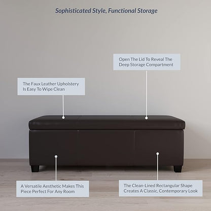 BELLEZE Storage Faux Leather Ottoman, 47 Inch Bench Bedroom Bench with Safety Close Hinge, Extra Long Ottoman with Storage for Living Room, Entryway, Hallway, Foot Rest, Support 300lbs - Brown