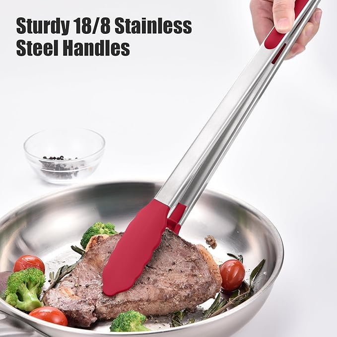 Doosu Kitchen Tongs for Cooking - 600°F Heat Resistant Food Tong with Non-Scratch Silicone Tips, Heavy Duty Stainless Steel Locking Tong for BBQ, Grilling Steak, Serving Salad, Pasta (16in, Red)
