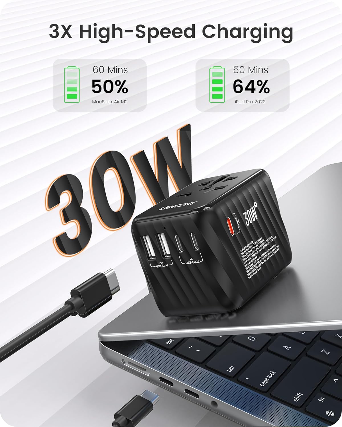 LENCENT Universal Travel Power Adapter, 30W International Wall Charger with 3 USB C 2 USB A Fast Charging, Worldwide Plug Adaptor Travel Essentials for US to EU UK Ireland Australia Type C/G/A/I Black