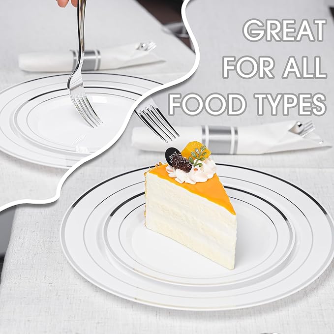 350PCS Silver Plastic Plates Dinnerware Set, Thanksgiving Disposable Plates, 50 Dinner and 50 Dessert Plates, 50 Pre Rolled Napkins with Silverware and 50 Cups for Party and Wedding
