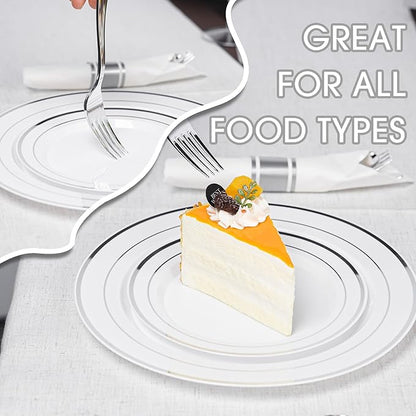 350PCS Silver Plastic Plates Dinnerware Set, Thanksgiving Disposable Plates, 50 Dinner and 50 Dessert Plates, 50 Pre Rolled Napkins with Silverware and 50 Cups for Party and Wedding