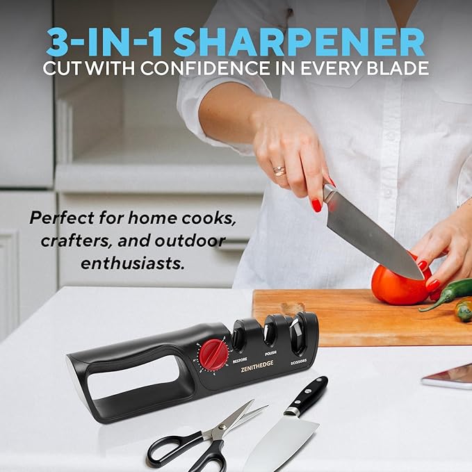 ZenithEdge® 3-in-1 Adjustable Knife Sharpener 14°-24° Angles for Kitchen, Fillet, Pocket Knives & Scissors - Tungsten Steel Ceramic Non-Slip Precision Sharpening Tool Gift