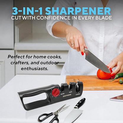ZenithEdge® 3-in-1 Adjustable Knife Sharpener 14°-24° Angles for Kitchen, Fillet, Pocket Knives & Scissors - Tungsten Steel Ceramic Non-Slip Precision Sharpening Tool Gift