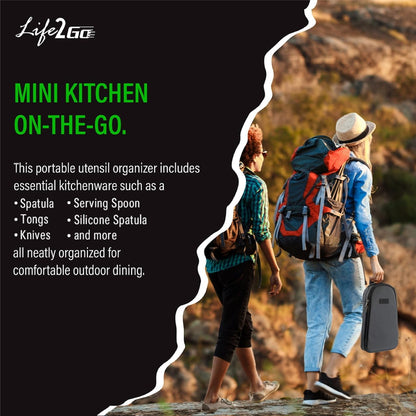 Life2Go 12 Piece Camp Cooking Utensil Set & Outdoor Kitchen Gear Cookware Kit, Portable Compact Carry Case for Camping, Hiking, Travel, BBQ Grilling Stainless Steel Accessories Spoon & Fork, Gray