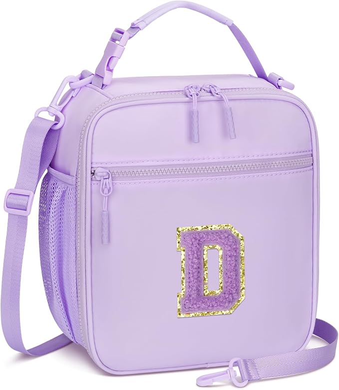 Initial Insulated Lunch Bag for Girls Kids, Back to School Gift, Reusable Leak-proof Lunch Box with Adjustable Strap for School Daycare Travel Picnic (Purple,D)