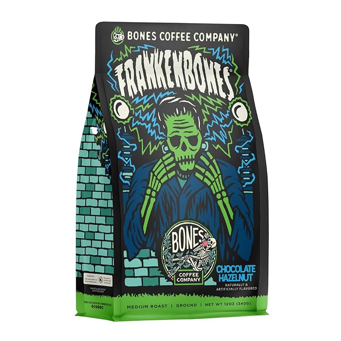 Bones Coffee Company Frankenbones Chocolate and Hazelnut Flavored Coffee, Medium Roast Low Acid Arabica Beans Compatible with Auto drip and French Press Coffee Maker, 12 Oz Ground