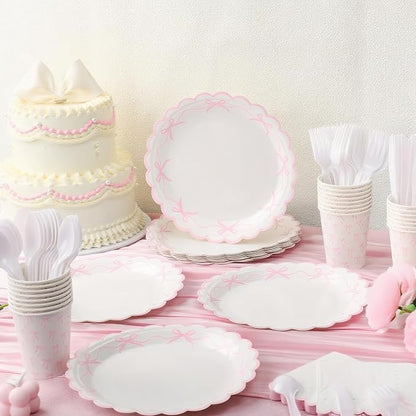 Sieral 144 Pcs Coquette Birthday Party Decor, Scalloped Paper Plates, Napkins