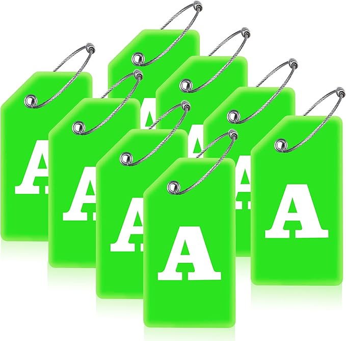 8 Pcs Luggage Tags for Suitcases, 26 Initial Letter Travel Luggage Baggage Identification Labels ID Tags Fully Bendable Tags with Stainless Steel Loop (Letter A, Green)